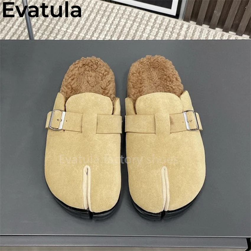 Round Splitting Toe Fur Slippers Women 2025 Winter Warm Casual Fashion Mules Slippers Woman Wool Loafers Shoes zapatos mujer