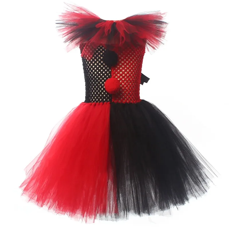 Little Girls Clown Themed Party Dress, Color Block Mesh Tutu Skirt for Circus, Halloween Carnival Stage Performance Clothing