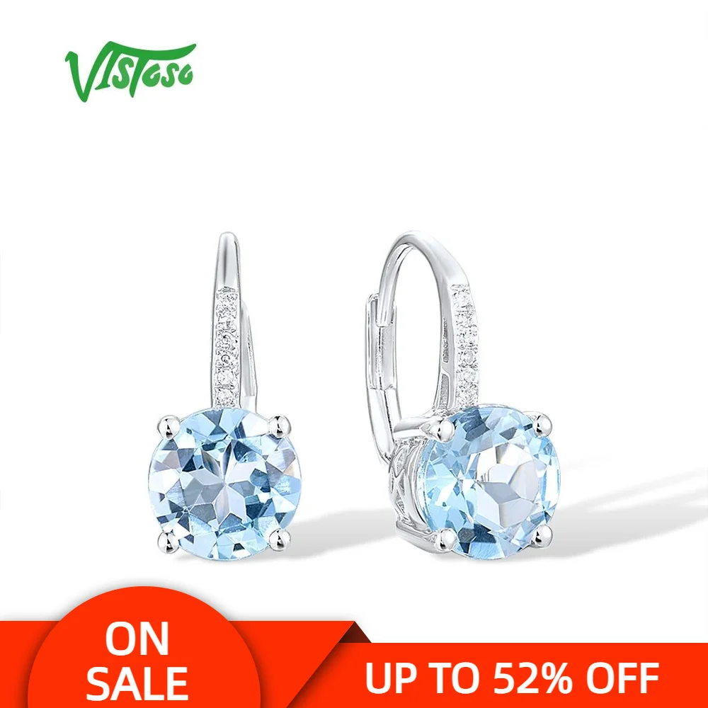 

VISTOSO Genuine 14K 585 White Gold Earrings For Lady Sparkling Sky Blue Topaz Diamond Charming Lover Gifts Party Fine Jewelry