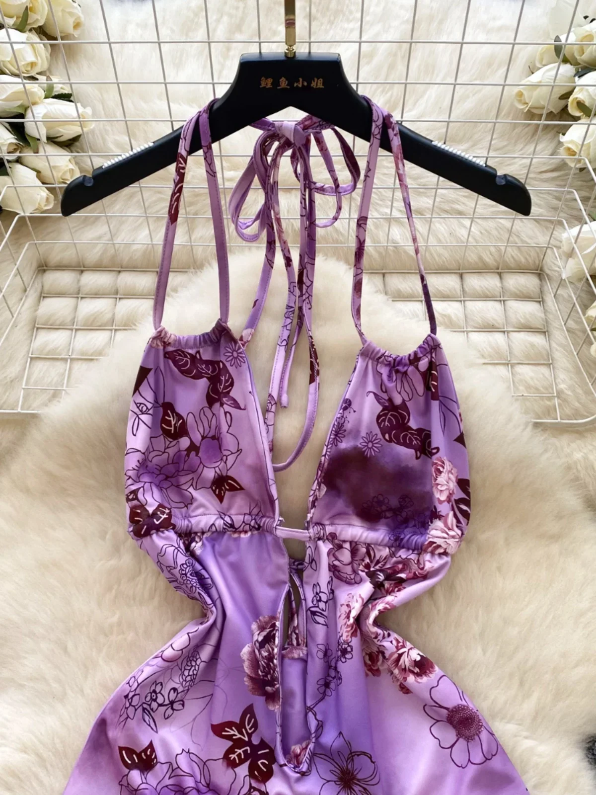 Foamlina Sexy V-Neck Chest Exposed Halter Suspender Dress Vacation Women's Purple Printed Lotus Leaf Edge Short Holiday Dresses