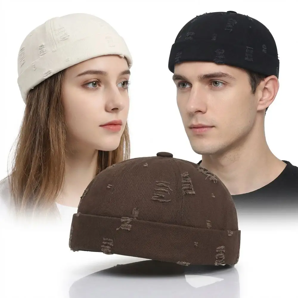 Fashion Broken Hole Beanie Hat Cotton Solid Color Hip Hop Cap Breathable Retro Brimless Cap Men Women