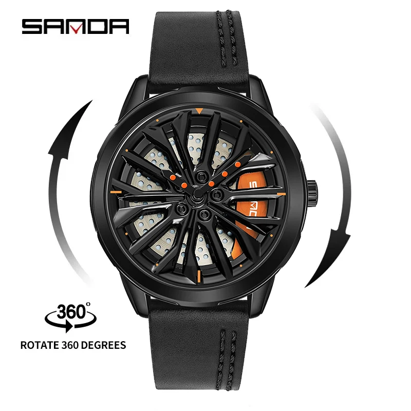 

SANDA P1063 2023 Mens Rim Hub Watch Wheel Wristwatches Clock Sport Car Creative 360 Spinning Male Wrist Watches Reloj De Hombre