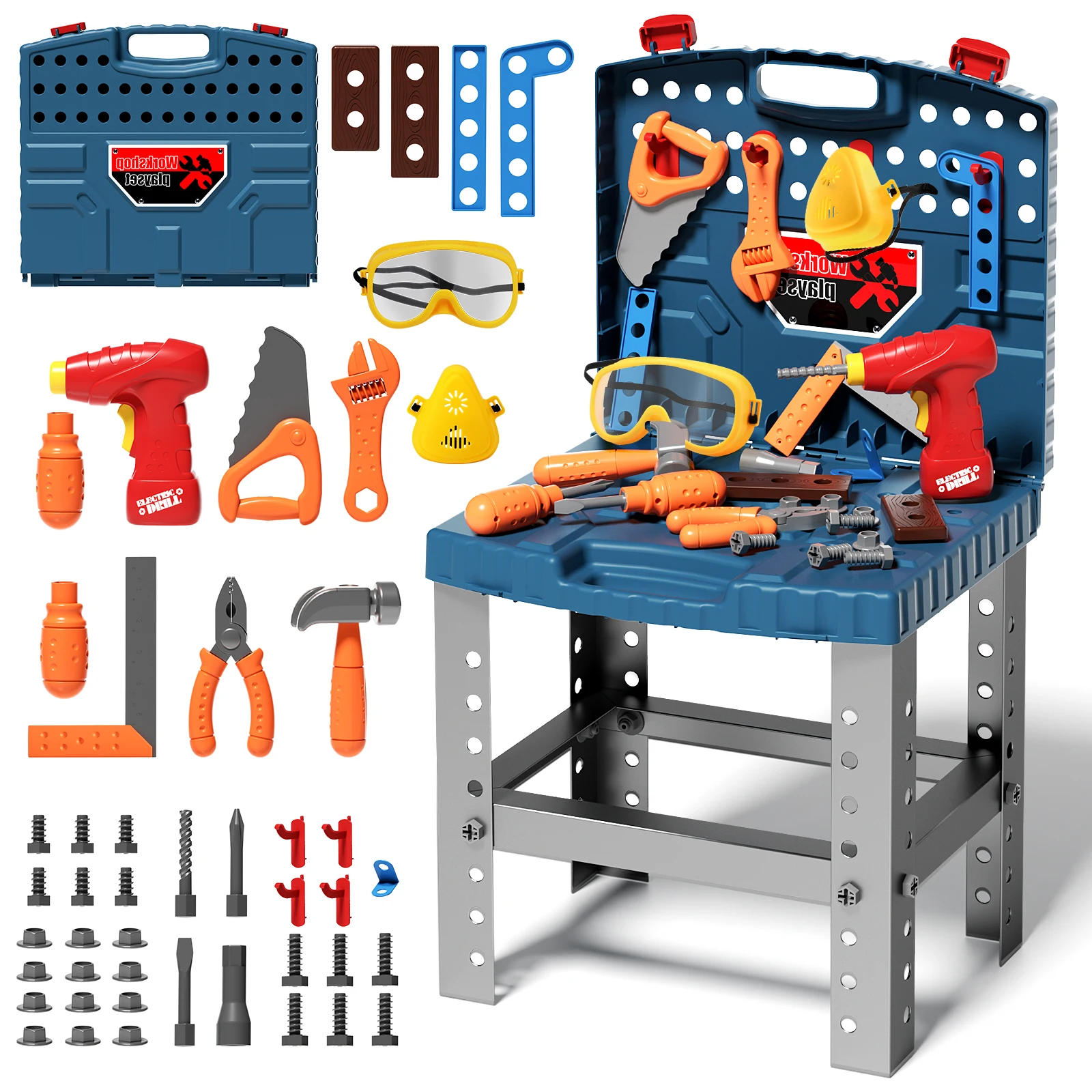 ขนาดใหญ่ 2-in-1 เด็กเครื่องมือ Bench ชุดเลื่อยสกรู Miter Pretend Play Workbench การก่อสร้างของเล่นการศึกษาของเล่นสําหรับ Boys & Girls