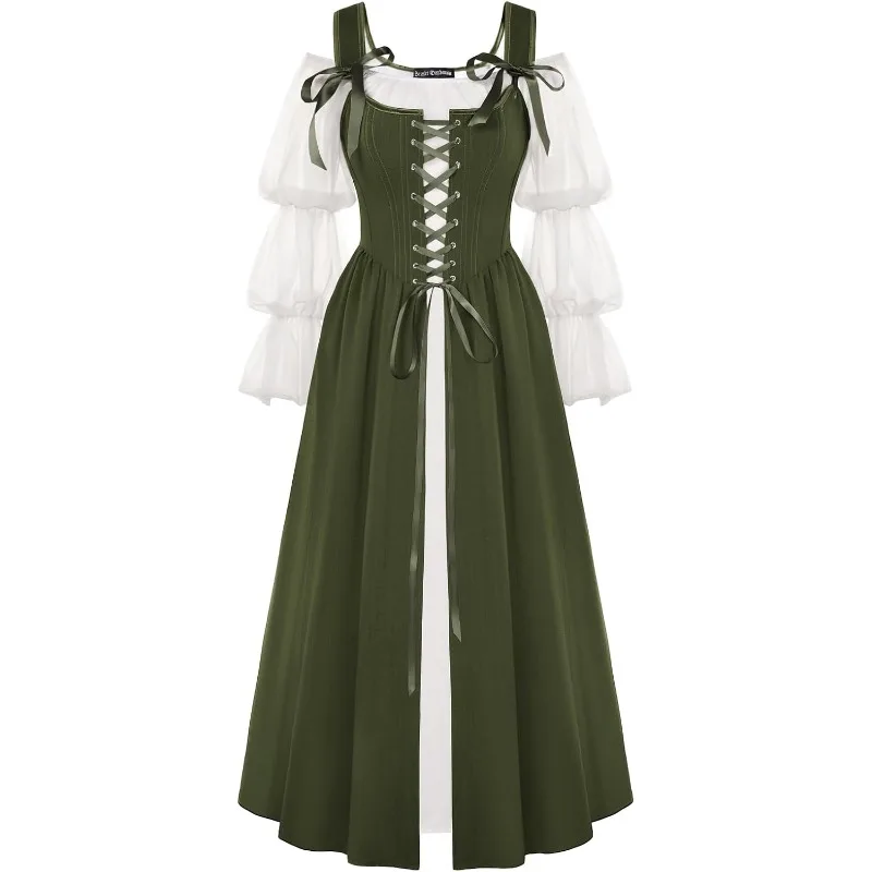 

DARKNESS Women Renaissance Costume Medieval Lace Up Corset Dress Puff Sleeve Peasant Square Neck Tight Waist Flowy Sleeves dress