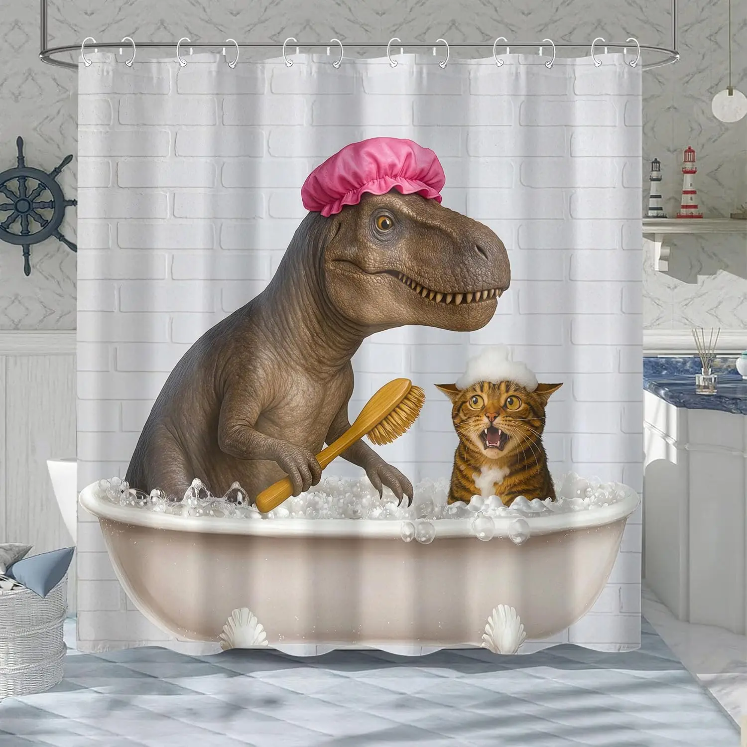 Funny Dinosaur Shower Curtain with Cat in Bathtub Humor Art for Kids Bathroom
