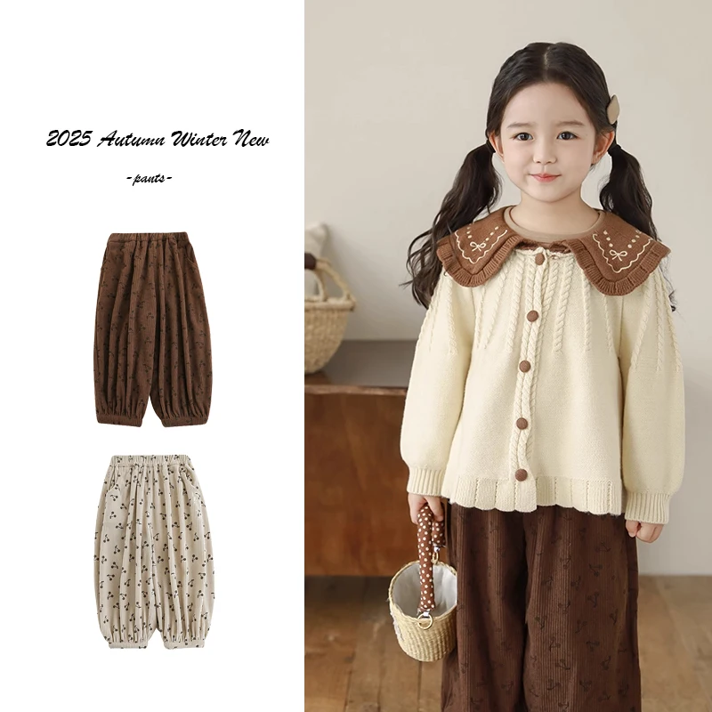 

Осень-зима 2022, новые свободные брюки для девочек, вельветовые утолщенные теплые вельветовые полосатые тканые брюки с принтом, капри для девочек