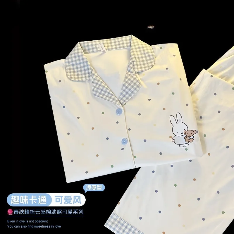 Cute Miffy Cotton Pajama Set Long Sleeve Polka Dot Plus Size Autumn Sleepwear Loungewear Homewear Indoor Lounge Clothing Outfit