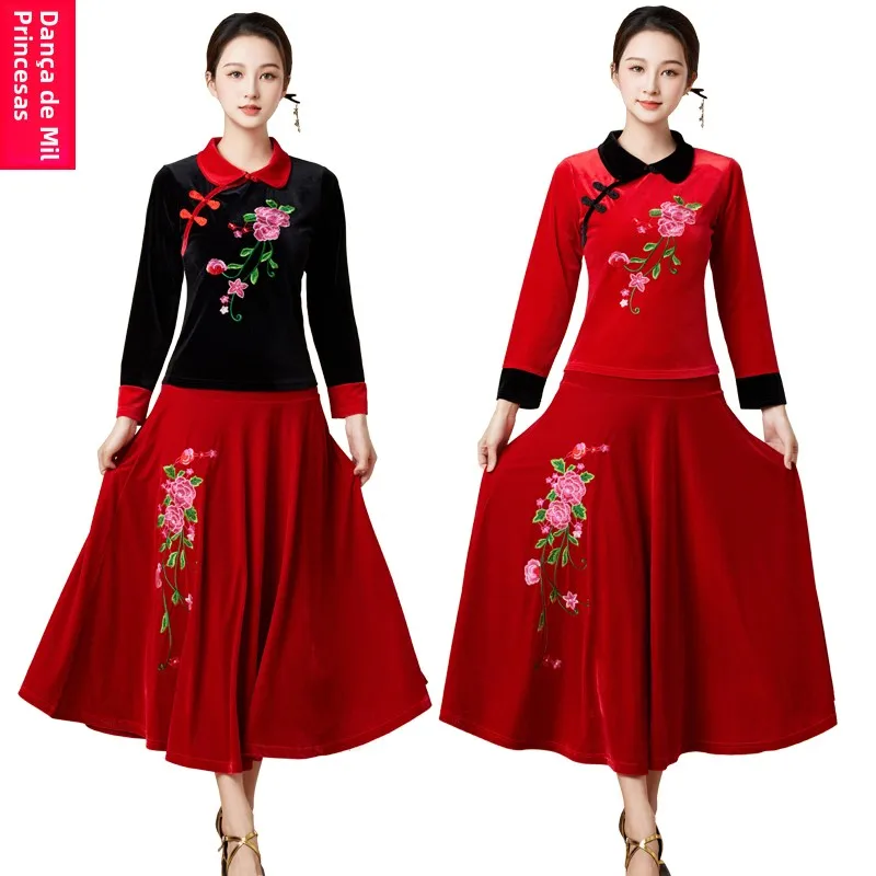 ensemble-de-costume-de-danse-en-velours-pour-femmes-manches-longues-jupe-longue-tenue-de-danse-carree-style-national-velours-dore-pour-femmes-d'age-mur-et-agees