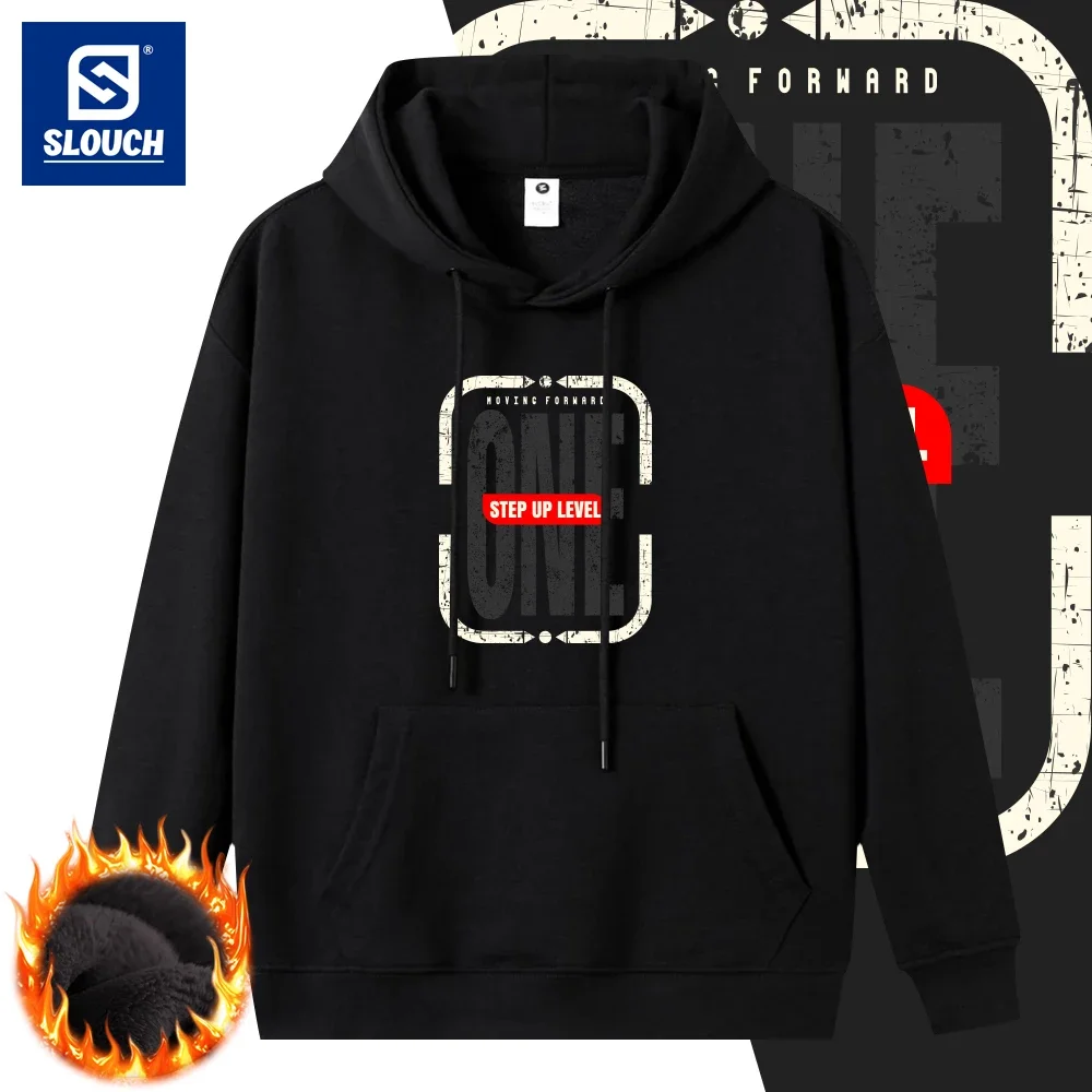 

One Step Up Level Printed Sweatshirt Autumn Winter Warm Long Sleeve Mens Clothing Oversize Hoodies Cozy Pullover Hip Hop Tops