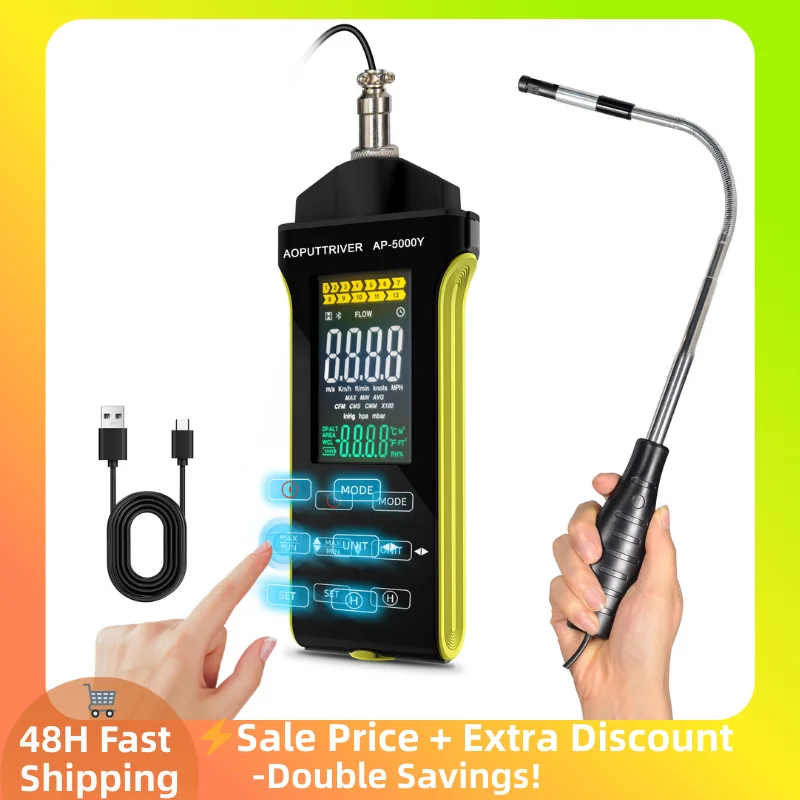 HVAC Wind Meter Hot Wire Anemometer with Telescopic Probe, USB Data Export, Temperature and Humidity Air Flow Velocity, HP-5000Y