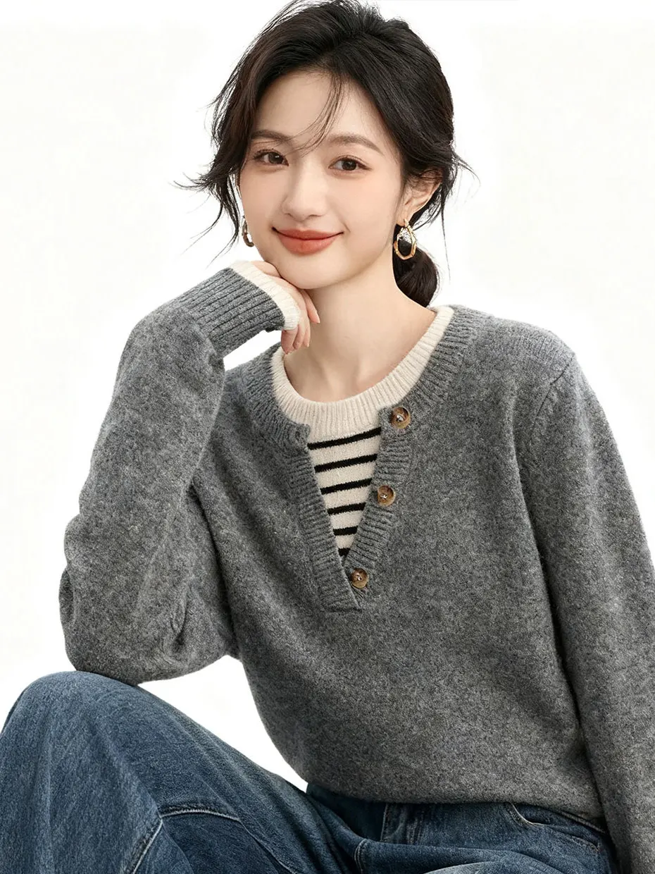 

Women's Loose Fit Knitted Sweater Stripe Splicing Base Layer Lazy Style Long Sleeve round Neck Pullover Winter Fashion