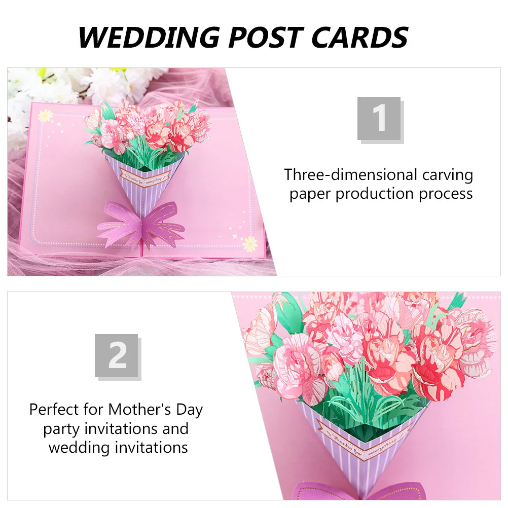 

2Pcs 3D Greeting Card for Mom Mother's Day Bronzing Pop up Cards Fresh Flowers Carnation Birthday Anniversary Stylish Printing