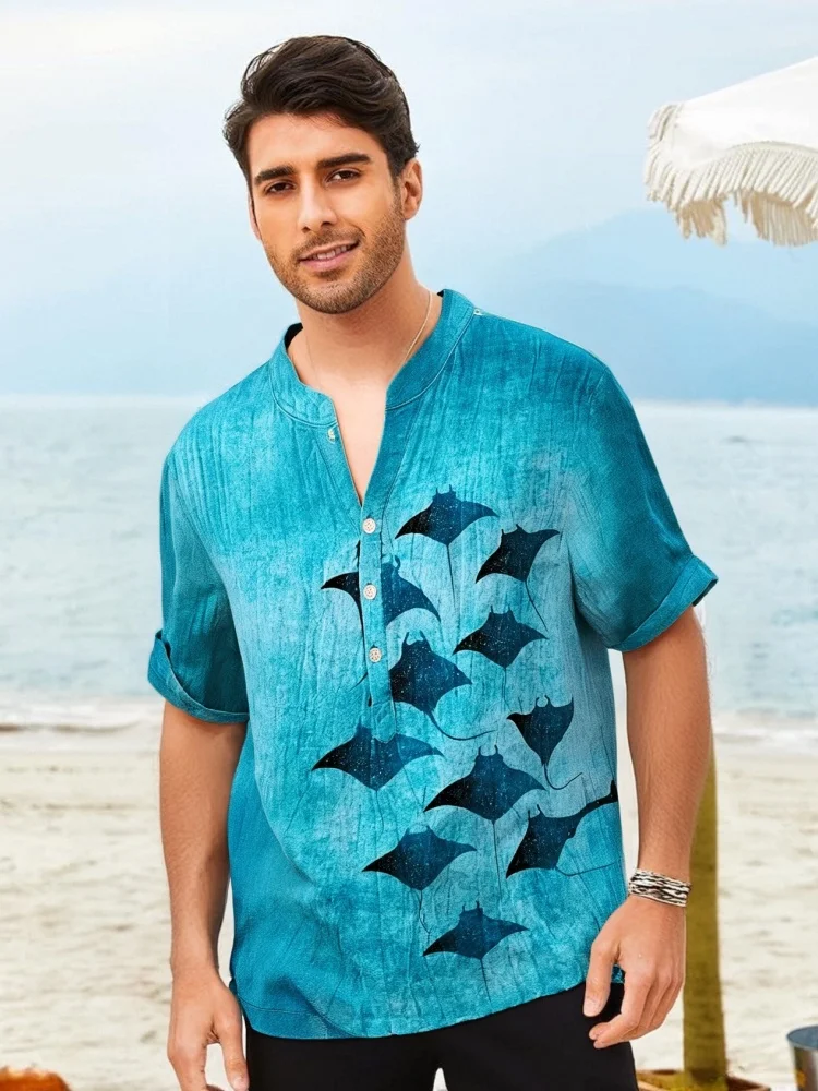 

Men's Manta Rays Art Print Blend Casual Shirt Korean Loose Shorts Sleeve V-neck Blouse Holiday Summer 2025 Buttons Chic Tops
