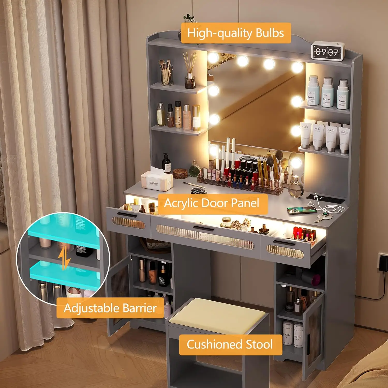 Vlsrka Vanity Desk with Mirror and Lights, 43