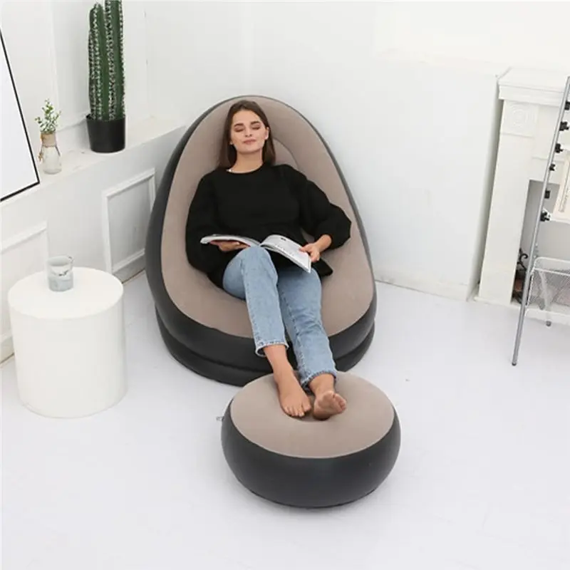 【AÑO NUEVO】Sillón portátil con taburete para pies, silla inflable junto al océano, sofá inflable flocado de lana para campi al aire libre