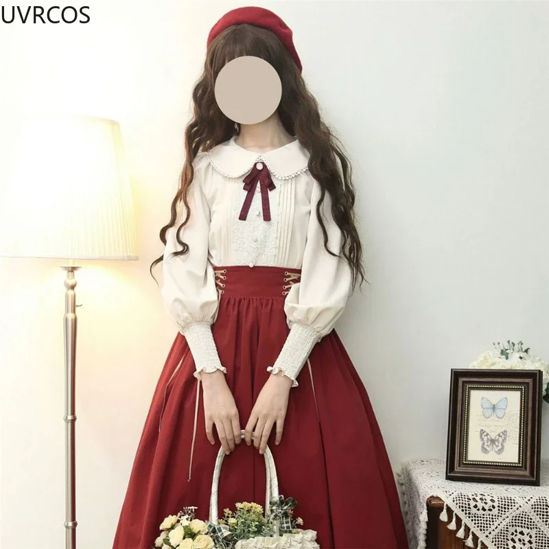 Vintage Elegant Lolita Style Shirts Women Japanese Sweet Gigot Sleeve Lace Embroidery Blouses Female Cute Bow Tops Blusas Mujer