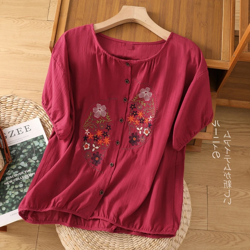 Chemises d'été pour femmes, haut en coton et lin brodé de fleurs, chemisiers amples décontractés à manches courtes, chemise blanche, manteau Cardigan