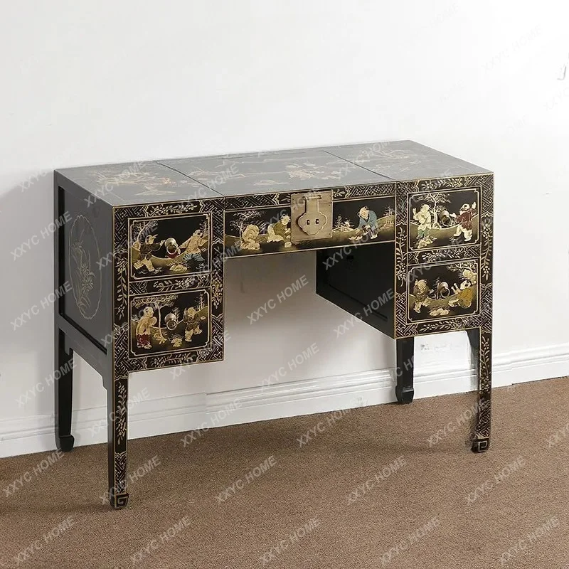 XXNew Chinese dresser hand-painted gold-painted black paint dresser solid wood storage clamshell classical furniture