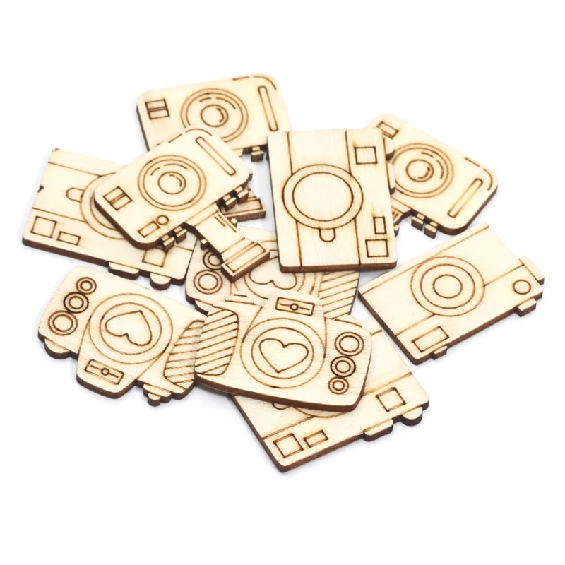 20pcs Mixed Camera Wooden Slices Handmade Embellishments Scrapbooking Gift Unfinished Wood Home Decoration DIY Craft Supplies