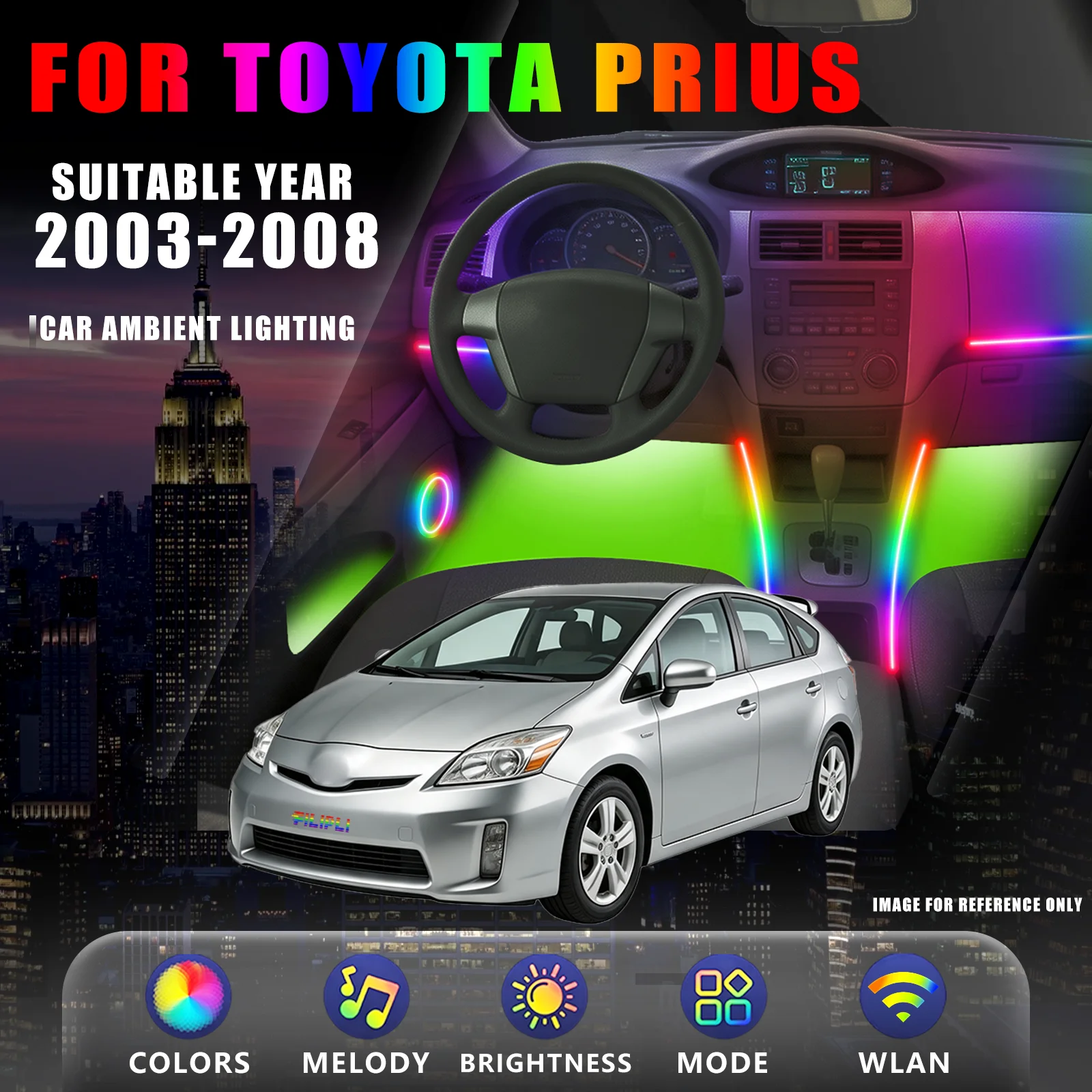 FOR TOYOTA Prius 2003-2008 YEAR DREAM COLOR 18 Lights car ambient light kit full cabin flowing chase light dynamic breathing effect speed adaptive dimming car interior upgrade kit