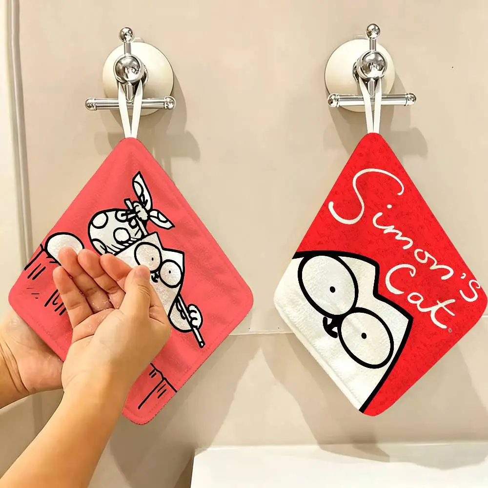 Cartoon S-Simon's Cat Film Hanging Style Hand Wiping Towel, Polyester Cotton, Anti-fade for Indoor Kitchen Living Room