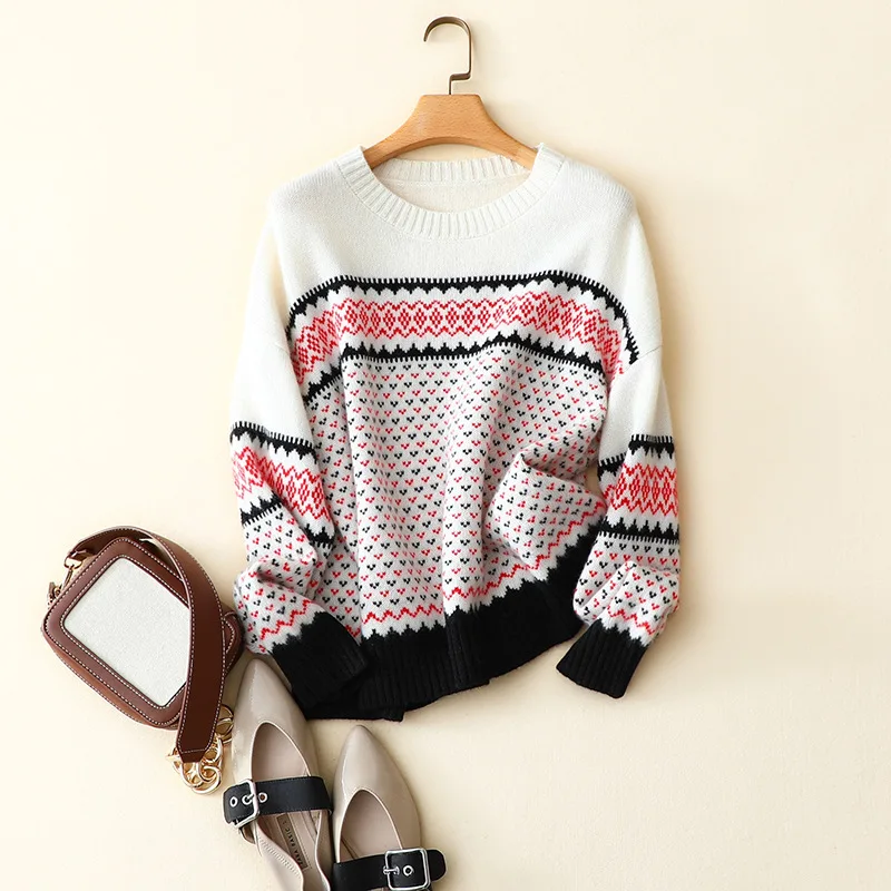 

masigoch europe autumn winter new Fair Isle knitwear luxury 100% cashmere Jacquard sweater crewneck