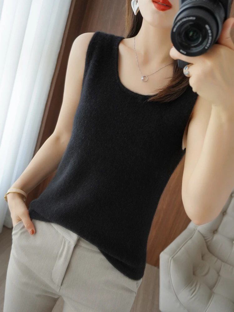 

Women 100% Merino Wool U-Neck Vest Spring Summer Sleeveless Pullover Basic Casual Cashmere Knitted Sweater Camisole Korean Tops