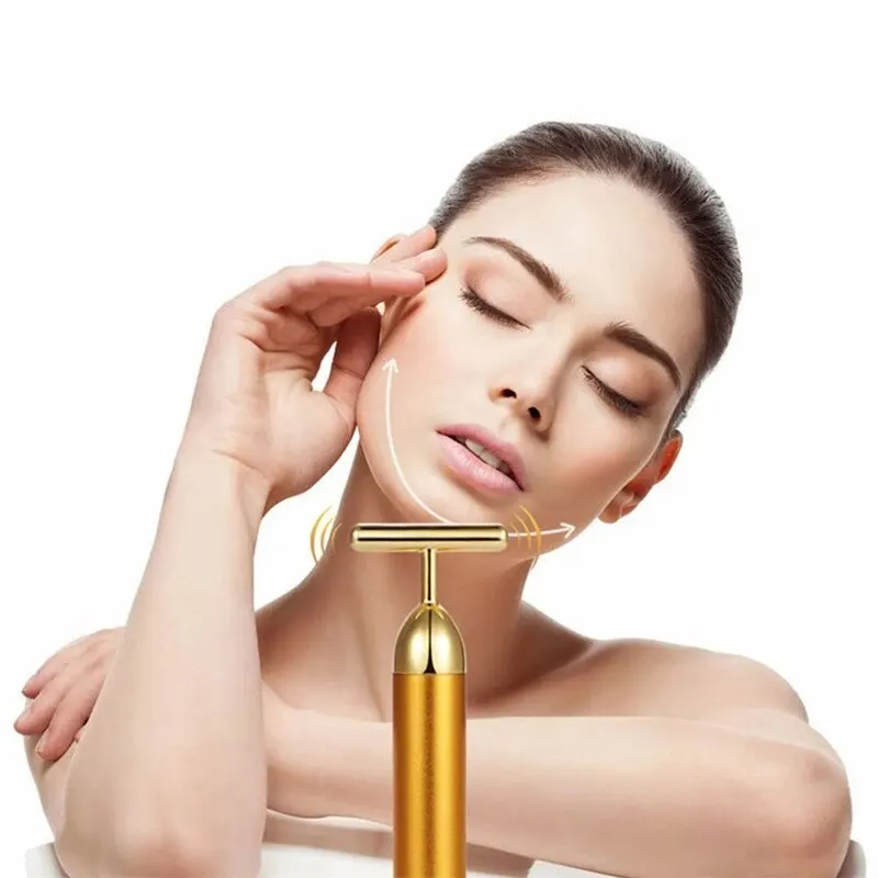 ZK20 1pcs 24k Gold Thin Face Stick Roller Slimming Massage Stick Face Beauty Care Tshaped Vibrating Tool