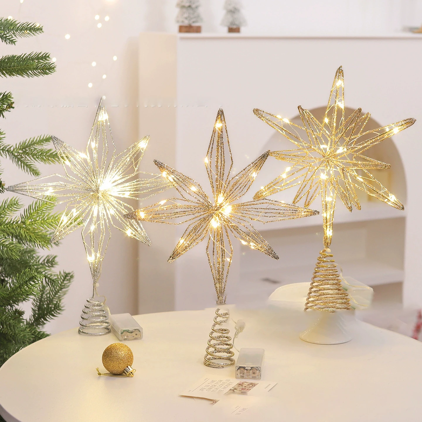Weihnachtsbaum-Topper, Stern mit LED-Lichterketten, Ornamente für Weihnachten, Zuhause, Party, Dekoration, Festival, Party, Neujahr
