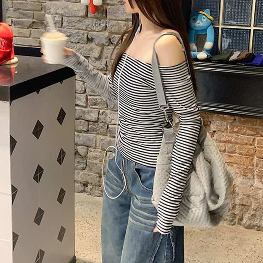 캐주얼웨어 흑백 줄무늬 셔츠 캐주얼 나들이 일반 길이 티셔츠 봄 여름 가을 탑 휴가 의류