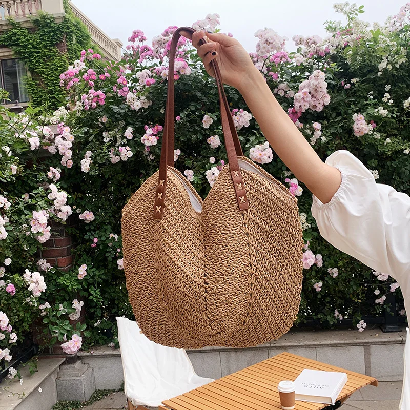 Casual Straw Bucket Shoulder Bag Women Hollow Woven Beach Bags Vacation Rattan Tote Bag Travel Large Capacity Handbag