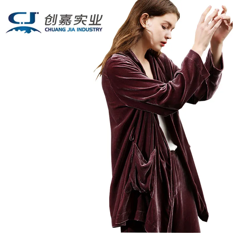 Mulberry Silk Velvet Lady Coat Blue Cardigan Lace-up Top Temperament Generous Business Leisure Outdoor Travel Spring and Autumn