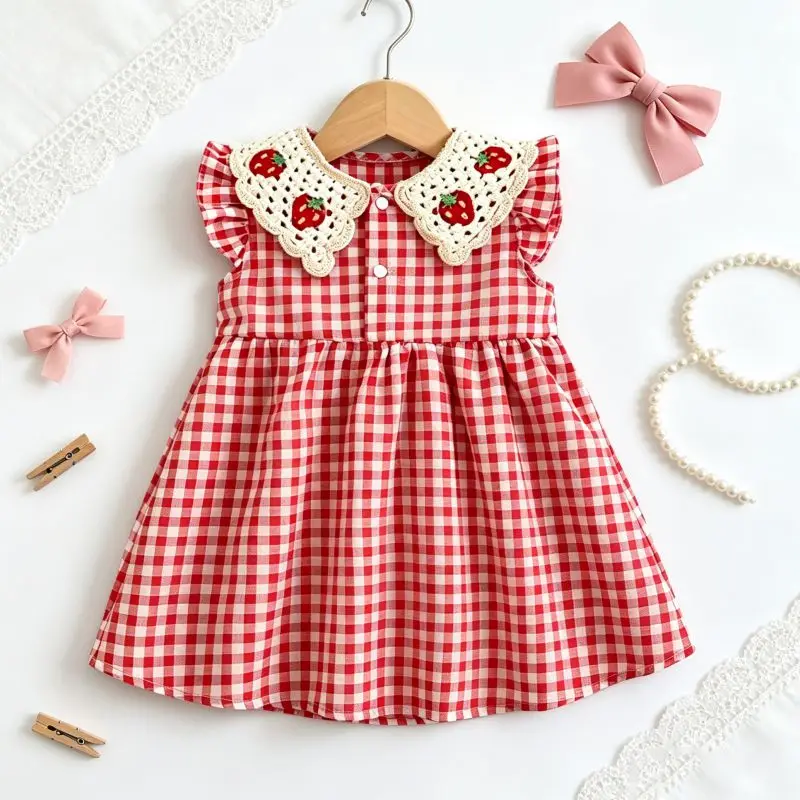 Vestido de Verão para Menina, Vestido de Algodão Vermelho Xadrez, Vestido de Praia com Estampa de Morango