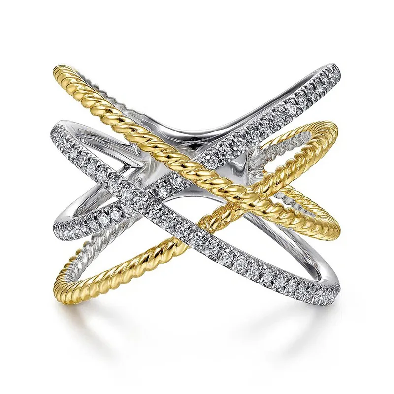 2026 New European and American High-end Multi-layer Geometric Fried Dough Twists Cross Hollow Ring Design Zircon Jewelry