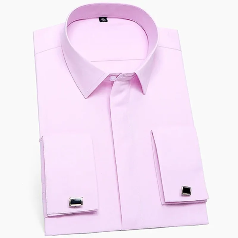 Men's Classic French Cuffs Solid Dress Shirt Formal Business Standard-fit Long Sleeve Office Work White-Blue-Pink Shirts S-4XL