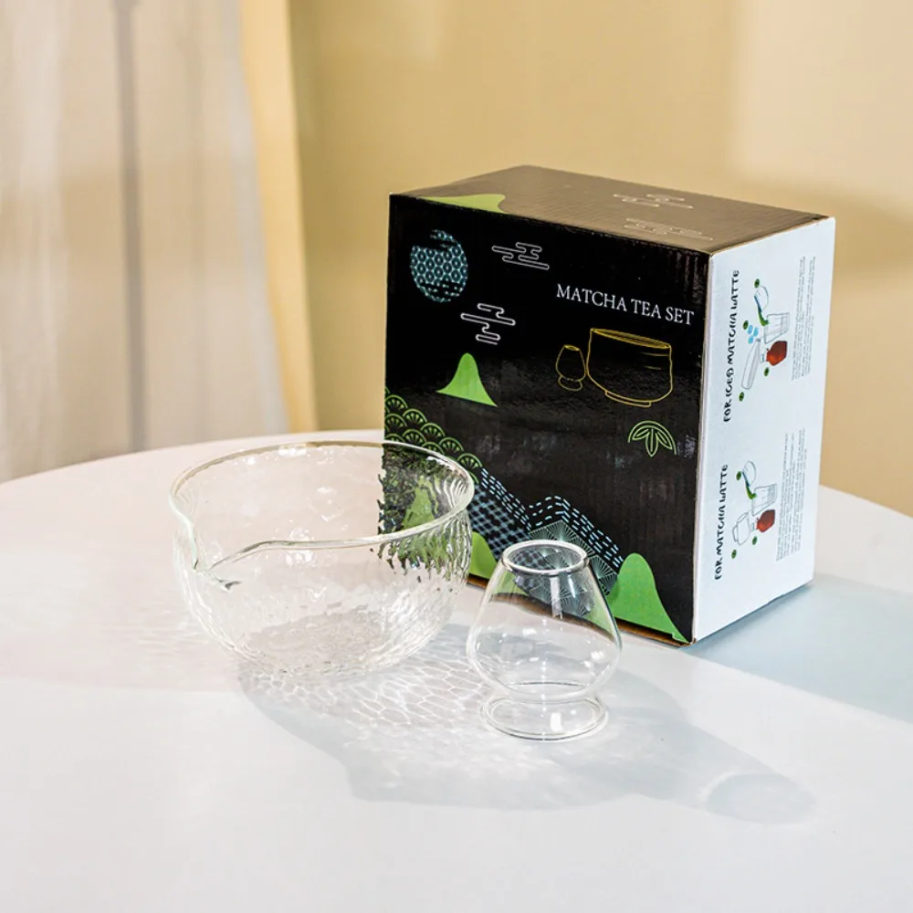 

New Glass Matcha Bowl Textured Reusable Japanese Tea Set with Pouring Spout Tea Bowls Tea Lovers