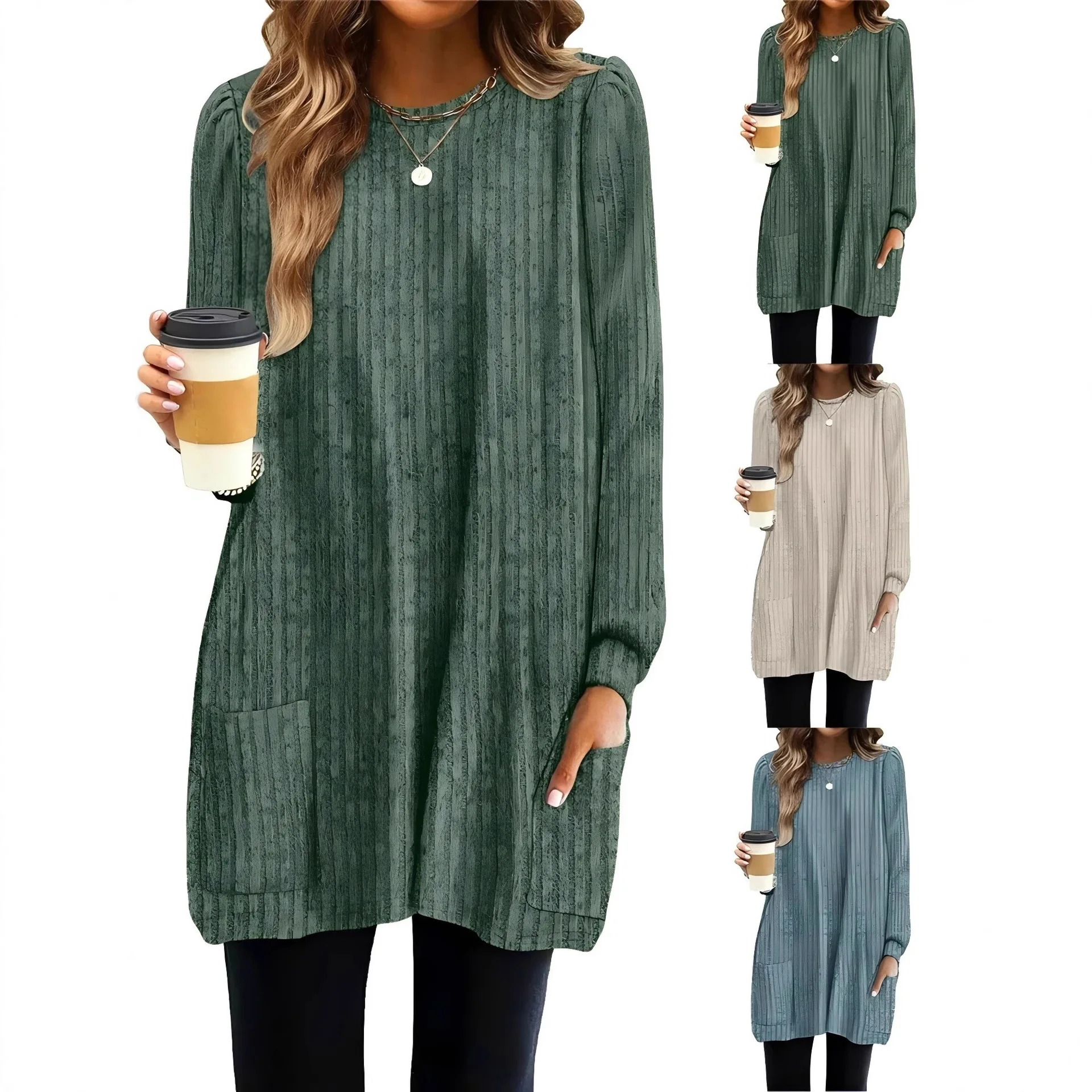 

Женские однотонные повседневные свободные топы с круглым вырезом и длинными рукавами, осень-зима, большой размер, круглый вырез, длинный рукав, двойной карман, длинный женский топ