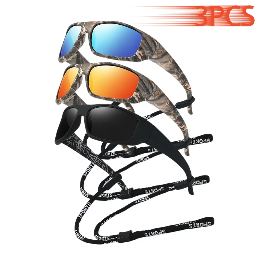 3PCS with Chain Fashion Classic Unisex Pattern Frame UV400 Sports Protective Eyewear  for Running Mountaineering Driving Fishing