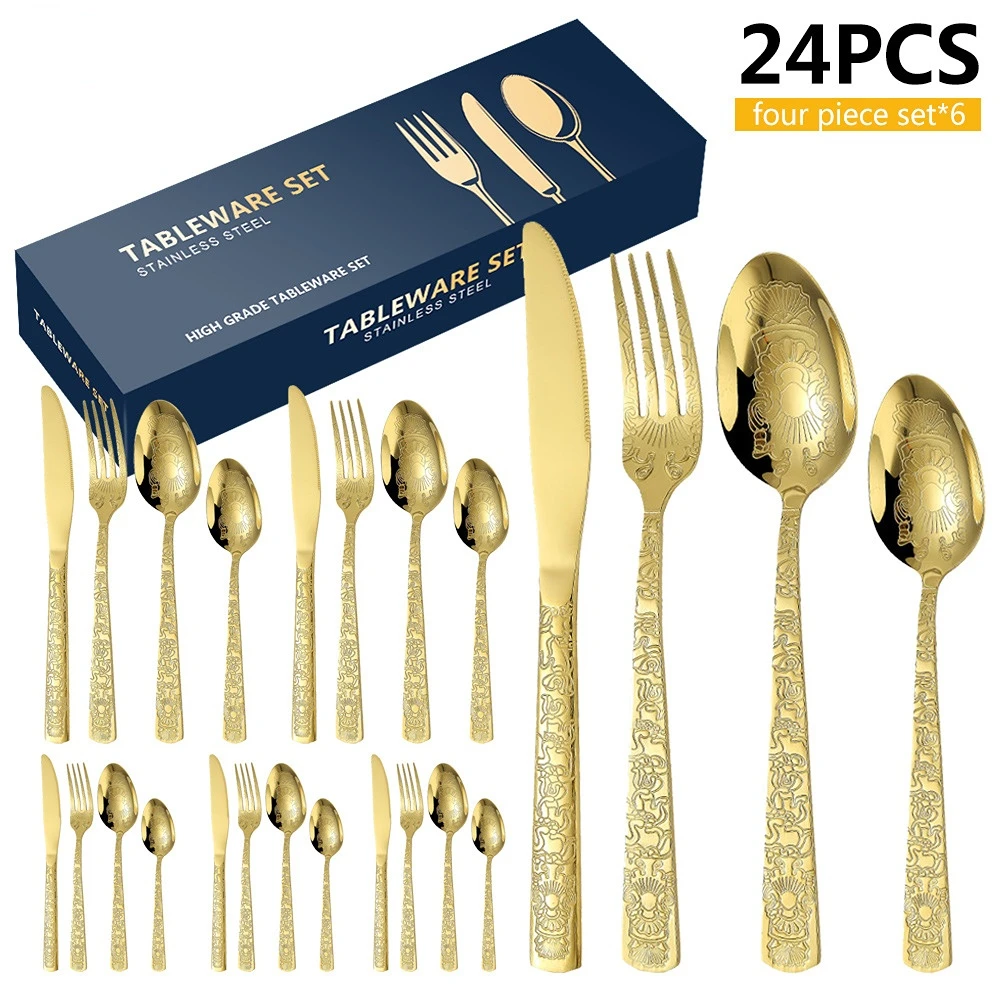 Stainless Steel Cutlery Set, Luxury Western Steak Dinnerware, Knife, Fork, Spoon, Tableware, New, 24Pcs