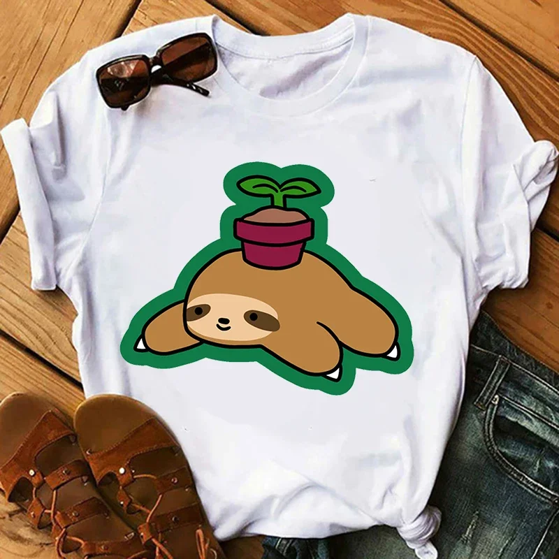 Casual  Female T Shirt Short Sleeves Aesthetic Clothes Harajuku  Anime Tops Cute Sloth Printed T-shirts Women Summer Graphic Tee