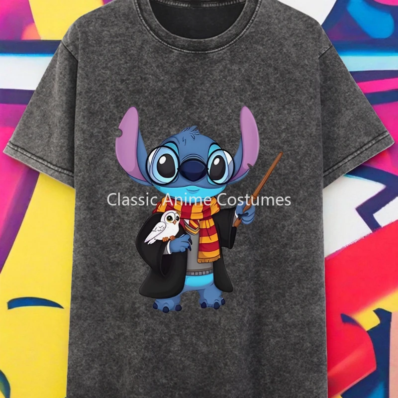 

Disney Authorized Stitch Pattern Print Unisex Men's Retro Washed T-shirt Pure Cotton Comfortable Loose Short Sleeved Top