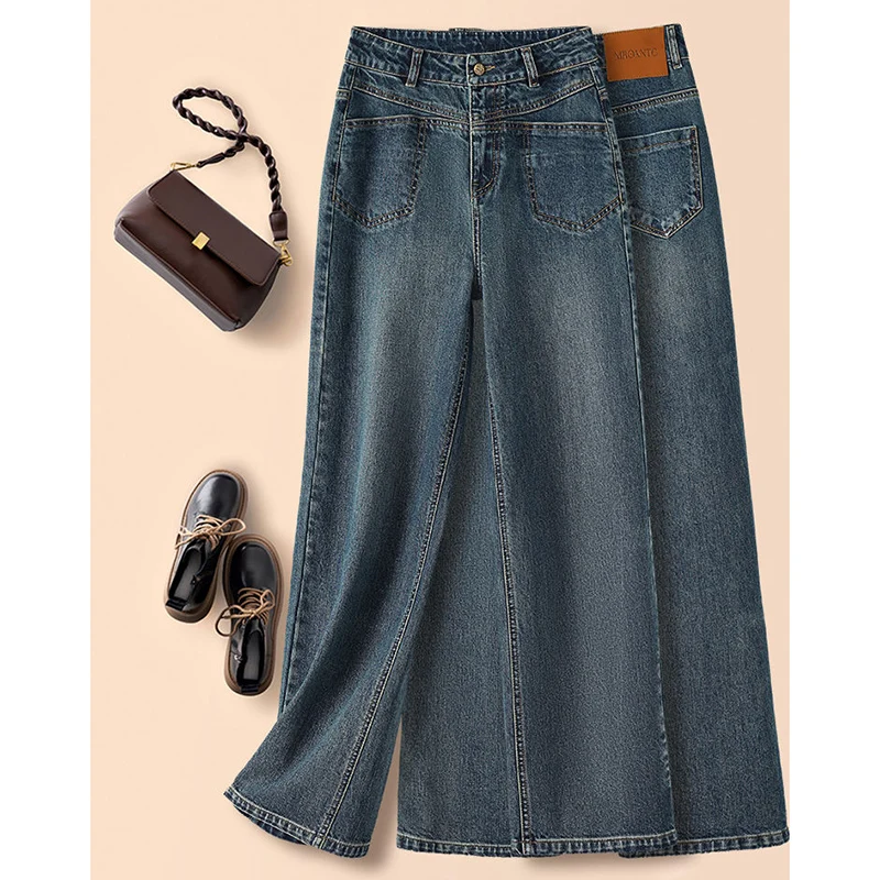 Jeans reto monocromático feminino com zíper, bolsos de botões, cintura alta solta, calça casual, roupas da moda, nova, outono, inverno, 2022