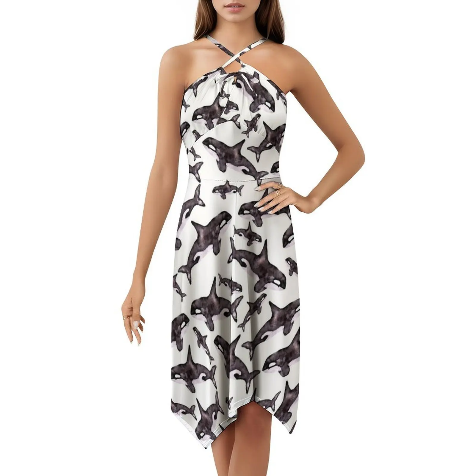 جراب الحوت أوركا بالألوان المائية | فستان بوهيمي بدون أكمام بنمط متعدد الطباعات لحفلات عطلة الشاطئ بألوان مائية قاتل الحوت #5