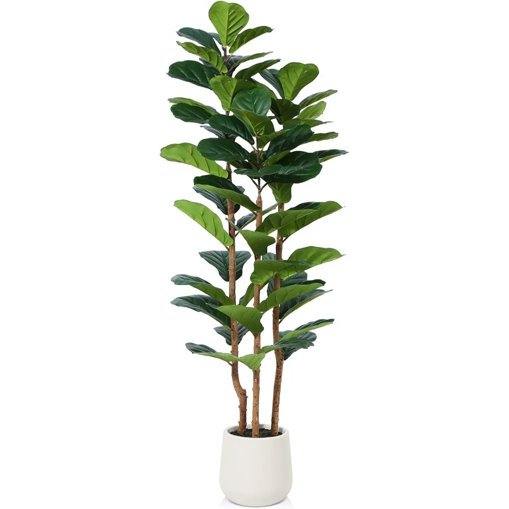 Artificial Fiddle Leaf Fig Tree with White Planter,5ft Tall Fake Tree with Natural Wood Trunk for Home , Faux Ficus Moss