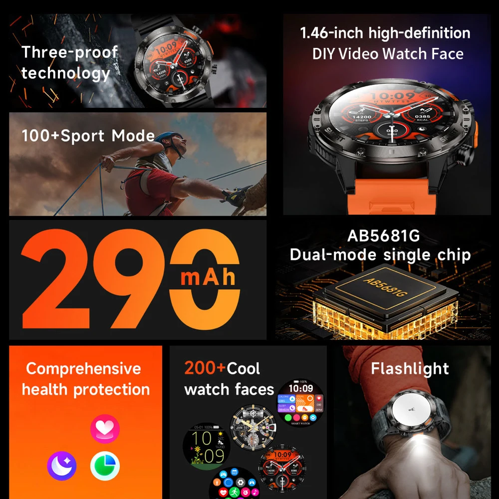 Jam Tangan Pintar Senter LED Luar Ruangan untuk Pria Dial Video DIY 100+ Mode Olahraga Tahan Air Panggilan BT Jam Tangan Pintar Monitor Kesehatan