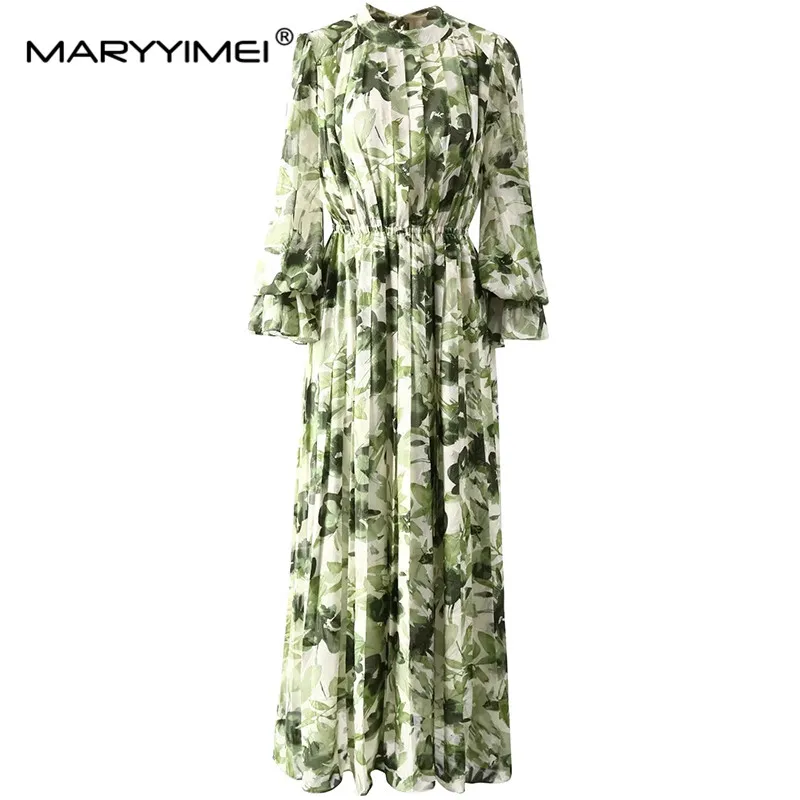 MARYYIMEI New Fashion Women's Stand Up Collar Lantern Long Sleeved Pleated Slim Fit Printed Holiday Elegant Medium Length Dress