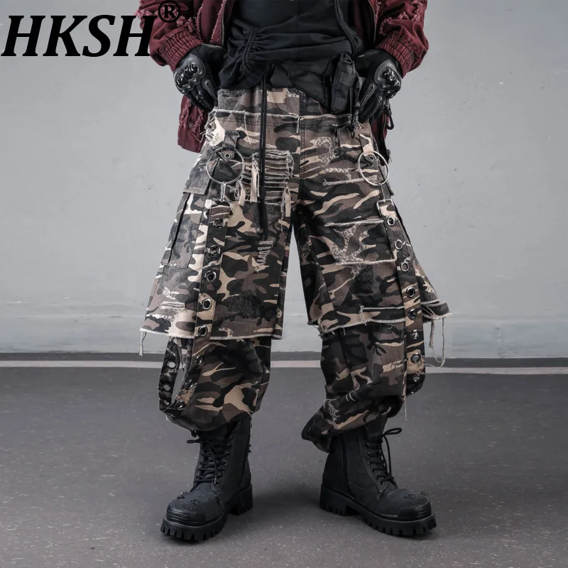 HKSH Unique American Heavy Safari Style Ribbons Metal Rings Faux Two-Piece Ripped Wide-Leg Streetwear Dance Cargo Pants HK26987