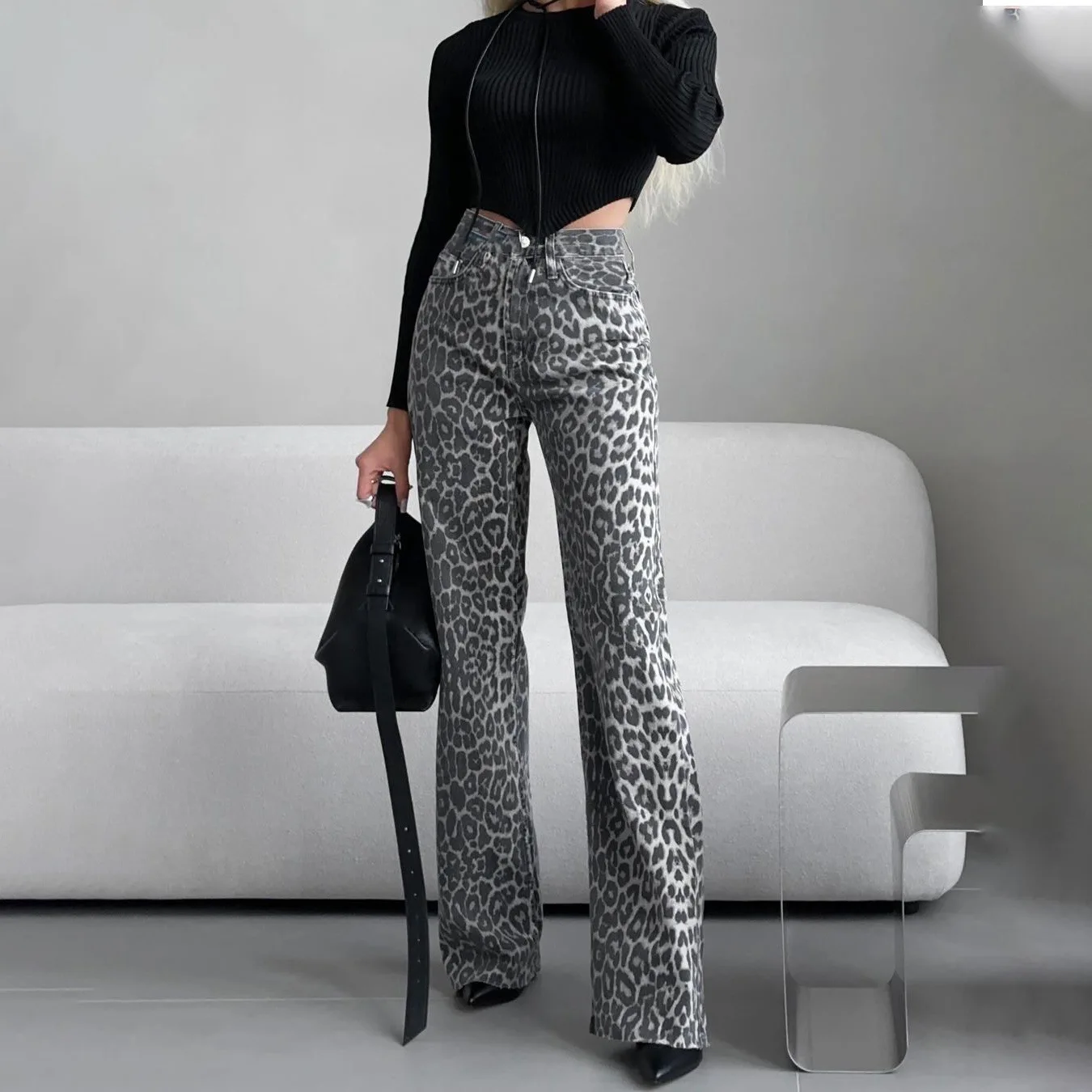 High-end leopard print narrow jeans for women, high waist and thin, high-end straight trousers for women