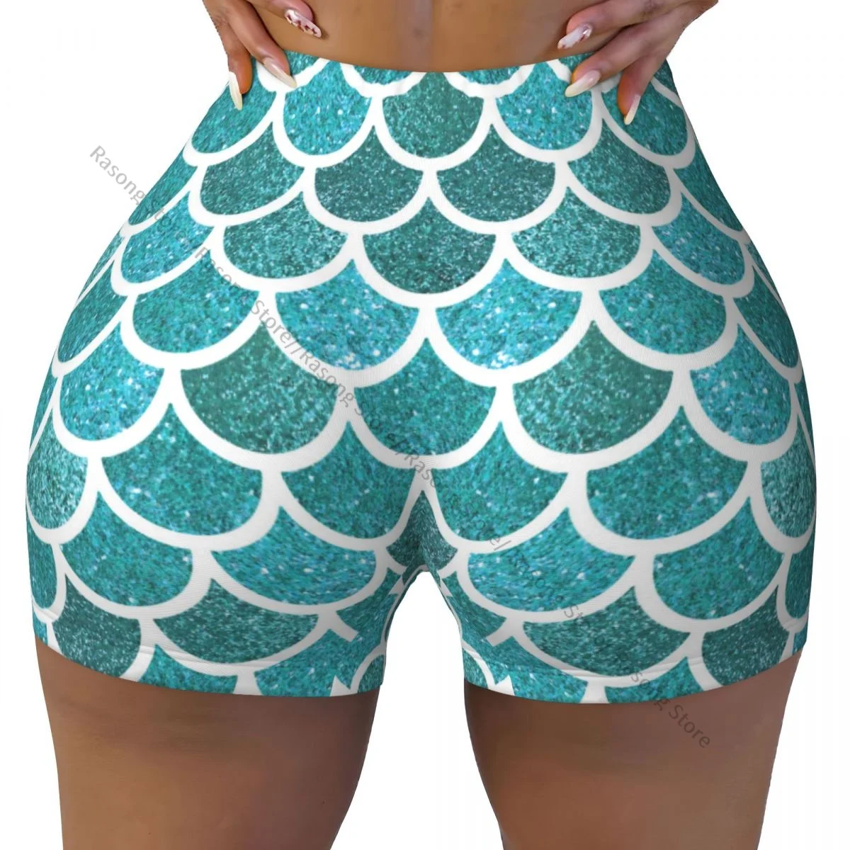 Sexy tight hip sports shorts Teal Mermaid Scales fitness women's comfortable yoga shorts