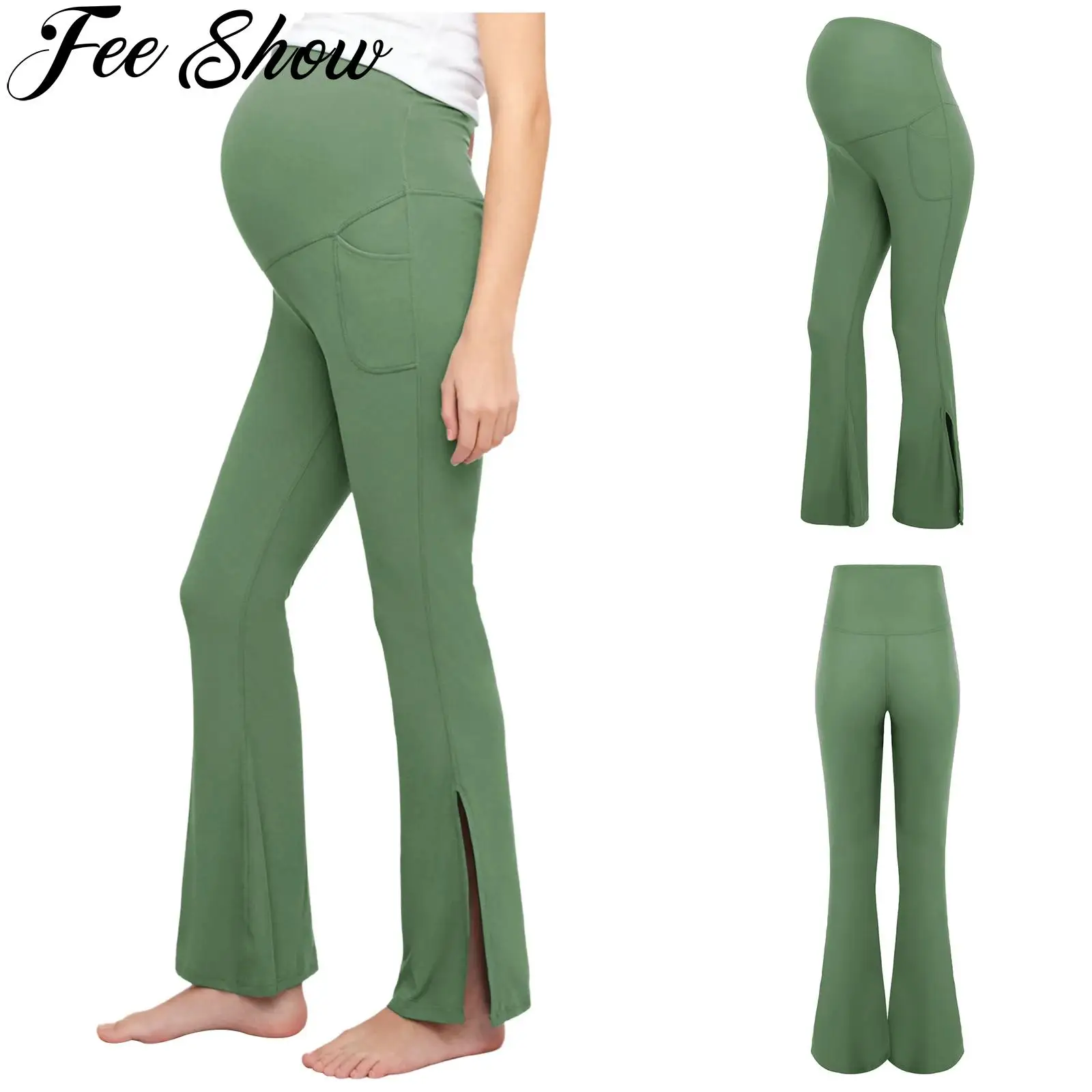 

Расклешенные леггинсы для йоги для беременных с карманами, повседневные эластичные брюки для беременных с расклешенным низом для тренировок и фитнеса